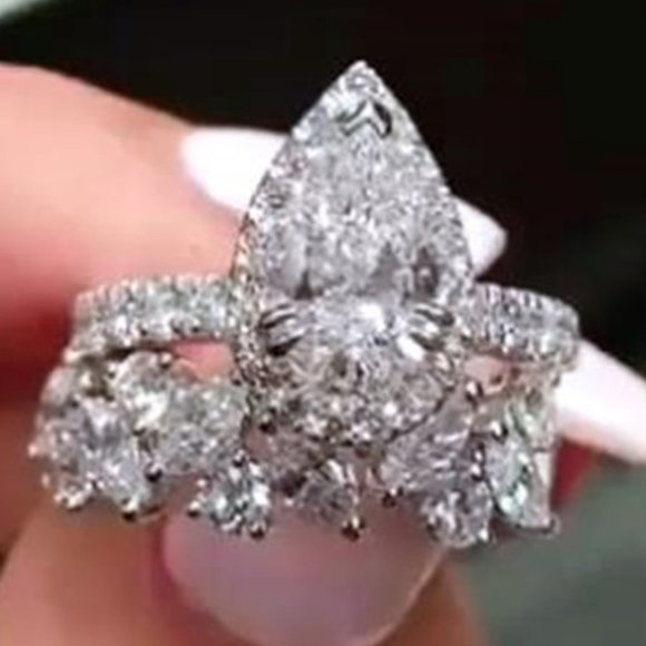 ❤ 925 Silver Plated Water Drop Shaped Cubic Zirconia Ring, MARR9473 - Picture 2 of 7